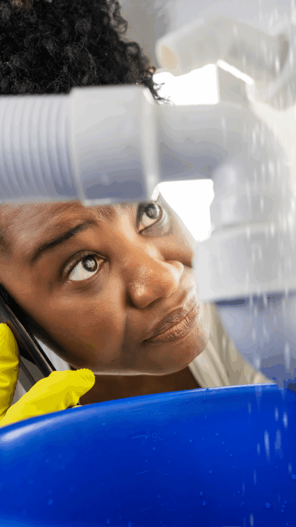 Woman looking up at a PVC pipe connection, catching water in a blue bucket due to a burst or leaking pipe.