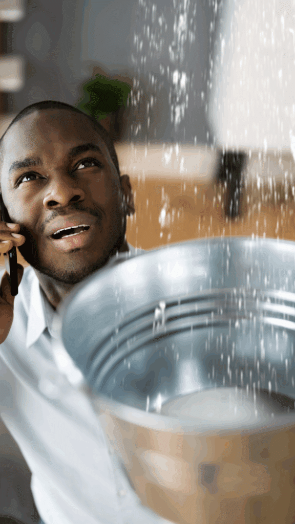 Man on a phone call holding a metal bucket while water sprays from the ceiling, representing an emergency plumbing service situation.
