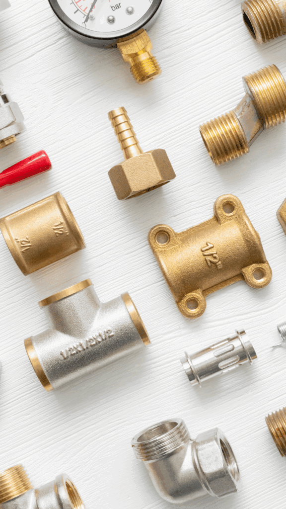 Overhead view of various brass and metal plumbing fittings, pipe adapters, valves, and a pressure gauge.