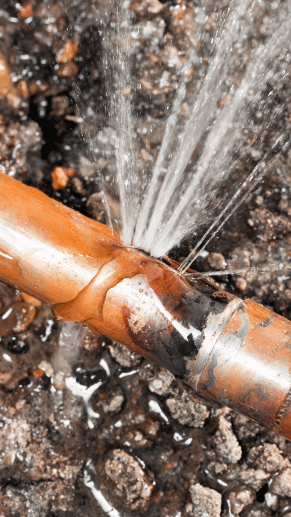 Damaged copper pipe leaking a high-pressure jet of water, indicating a severe main water line failure in Chandler.