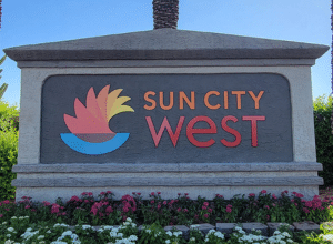 Welcome sign for Sun City West, Arizona, identifying it as one of the areas we serve for professional plumbing services.