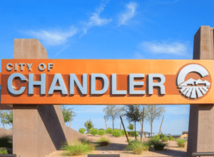Large, stylized 'City of Chandler' sign, representing Ready Rooter's reliable plumbing service area in Chandler, AZ.
