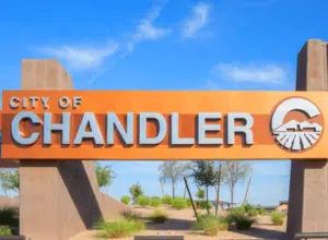 Large, stylized 'City of Chandler' sign, representing Ready Rooter's reliable plumbing service area in Chandler, AZ.
