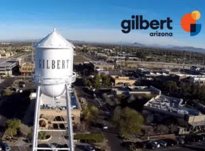Aerial view of Gilbert, Arizona, showing the landmark water tower, representing Ready Rooter's plumbing service area in Gilbert, AZ.