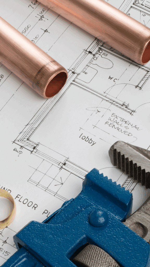 Close-up of copper pipes and a blue pipe wrench resting on top of a technical blueprint or floor plan for a building.
