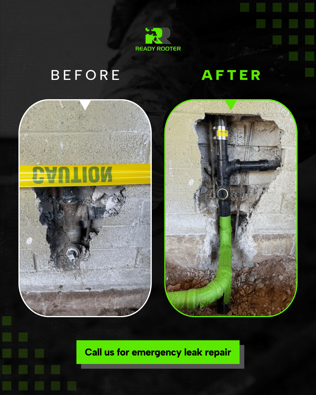 Before and after comparison graphic of a plumbing repair