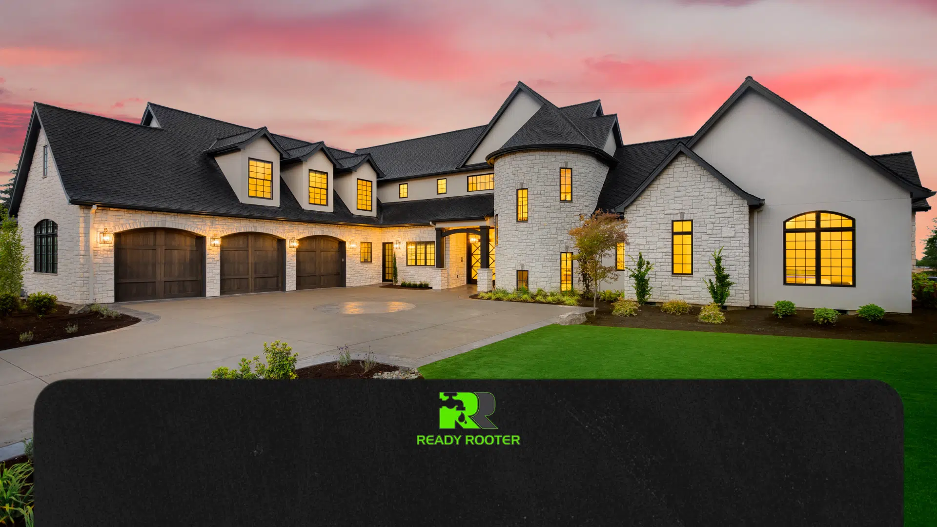 Large, luxury white stone house with a dark roof and manicured lawn, used to illustrate a guide on whole-home repiping.