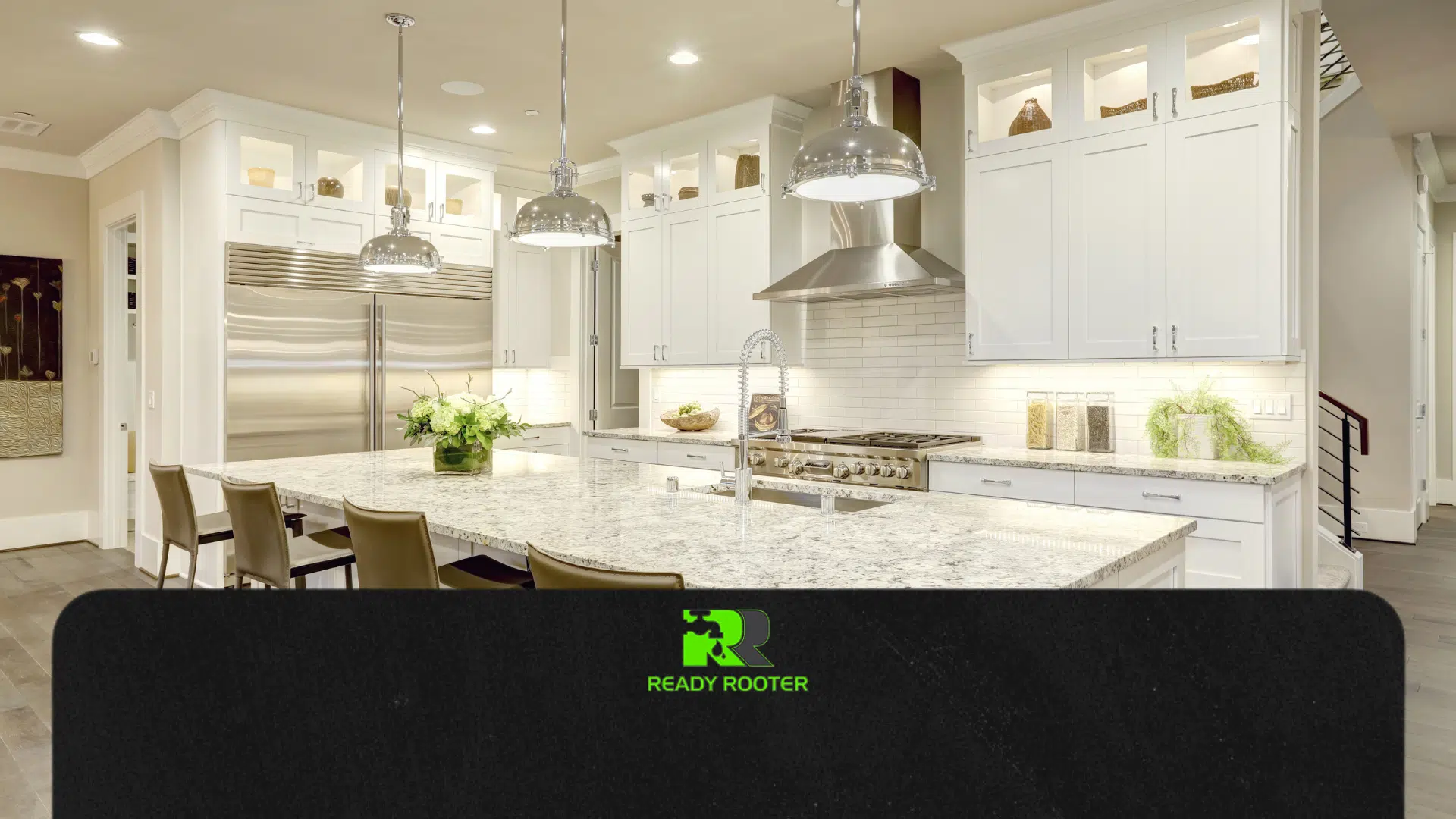 Bright, luxurious kitchen with white shaker cabinets, stainless steel appliances, and a large granite island, illustrating the value of plumbing maintenance.