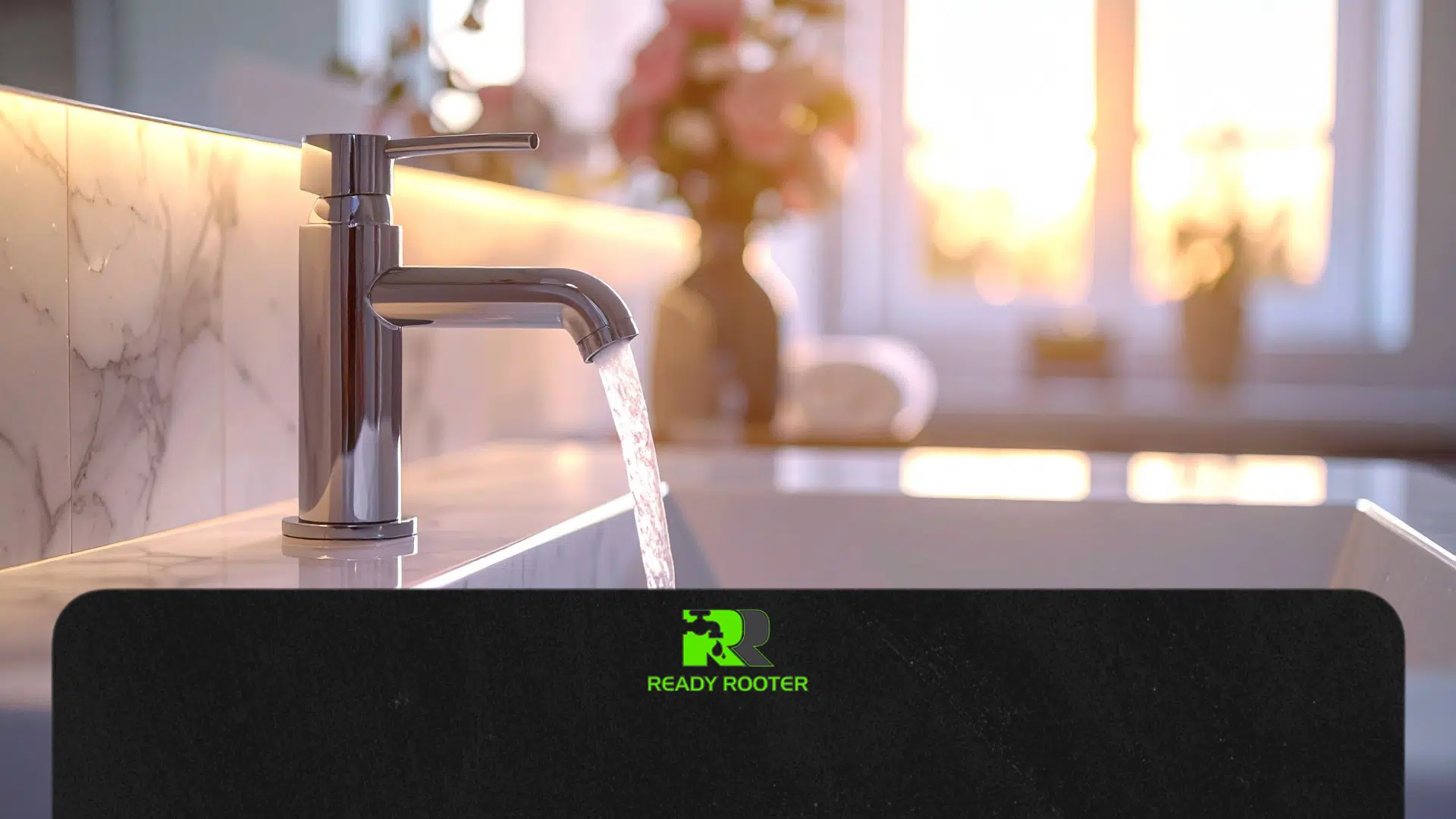 Close-up of a modern bathroom or kitchen faucet with running water, highlighting the Ready Rooter logo overlay on the countertop.