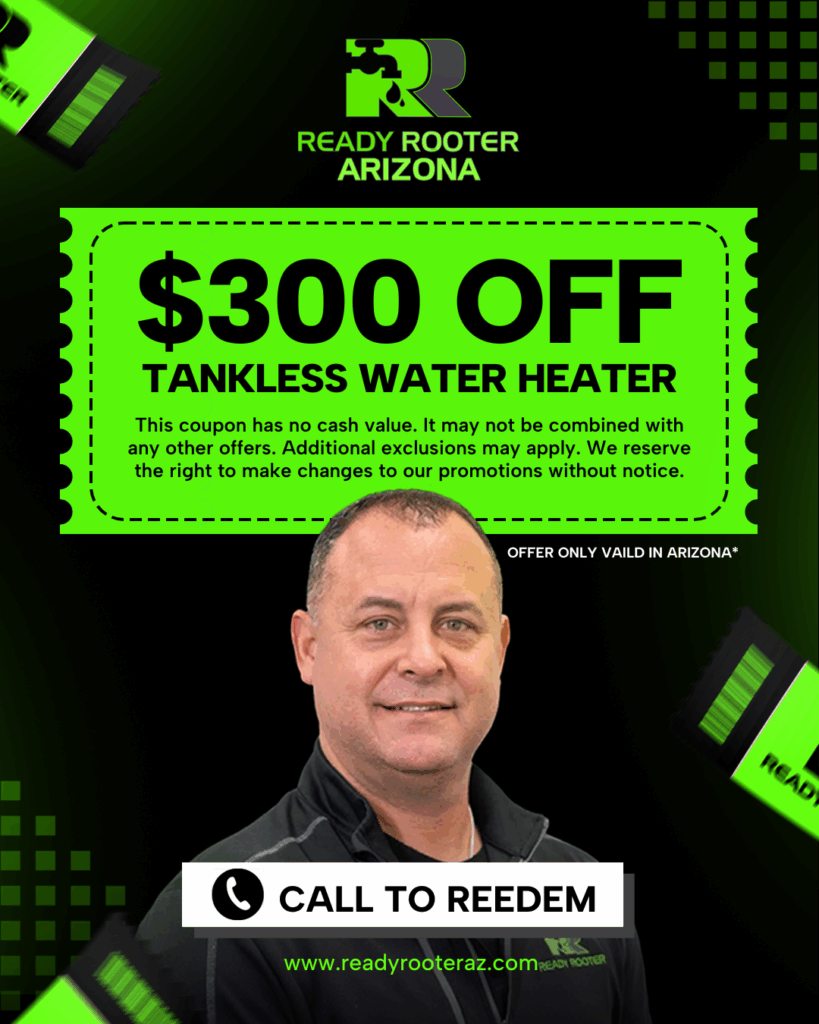 Ready Rooter graphic offering 300 dollars off a tankless water heater
