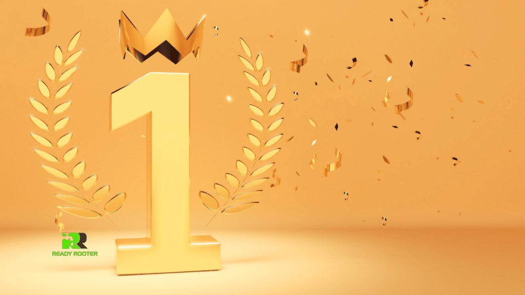 Gold number one trophy with crown and laurel wreath symbolizing Ready Rooter as the #1 drain cleaning experts in Arizona.