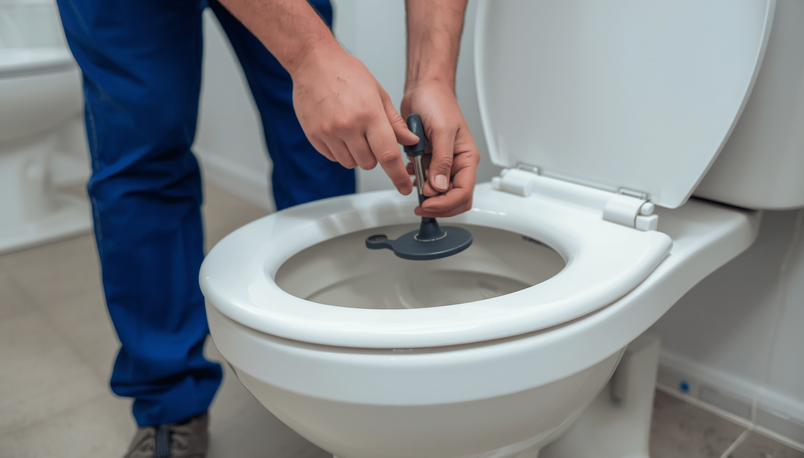Person using a plunger on a clogged toilet