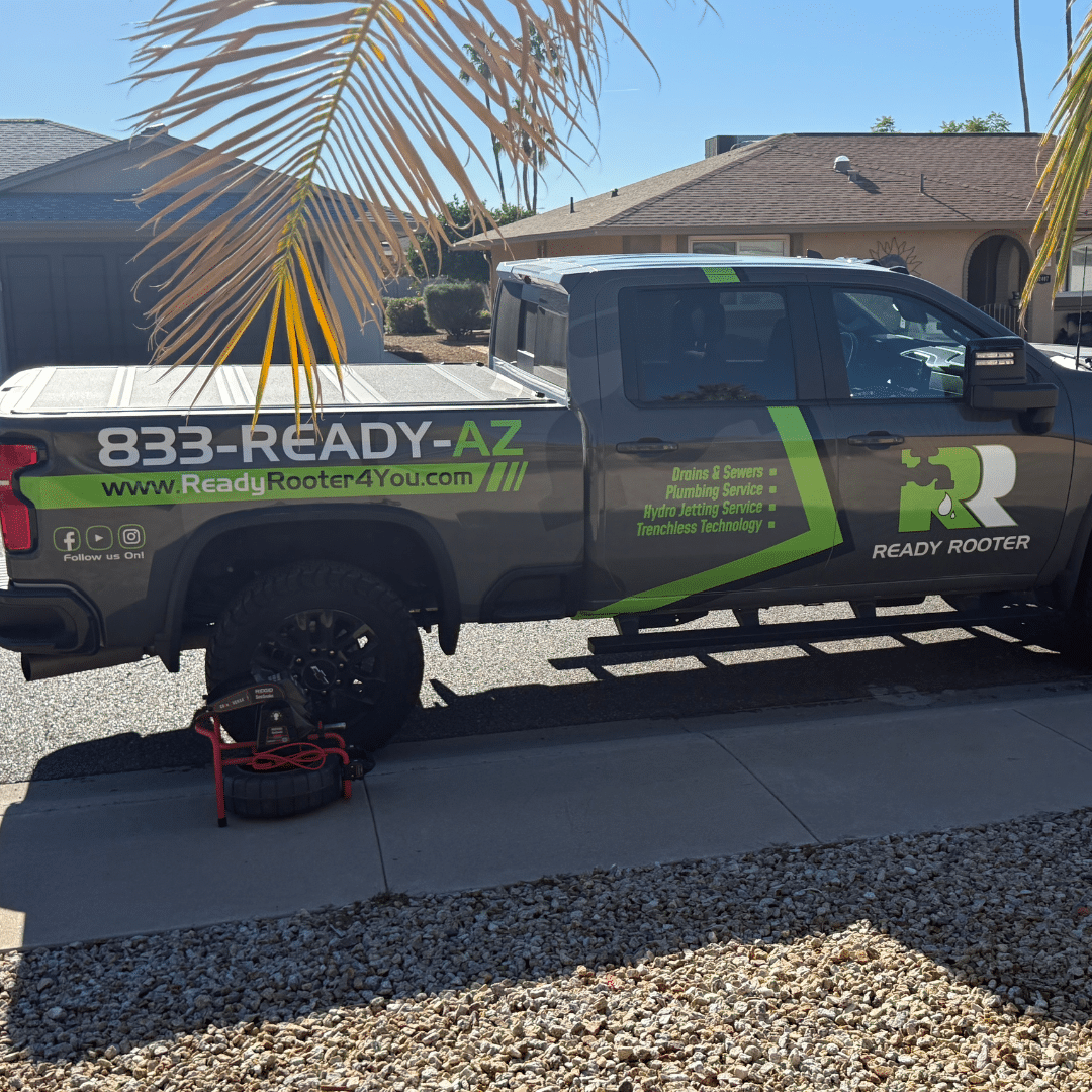 Ready Rooter Arizona service truck parked on a gravel driveway at a job site