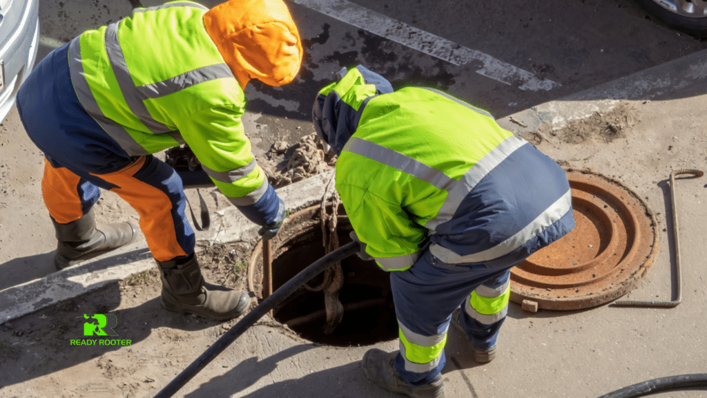 Sewer camera inspection crew in high-visibility gear opening a manhole to inspect an underground sewer line