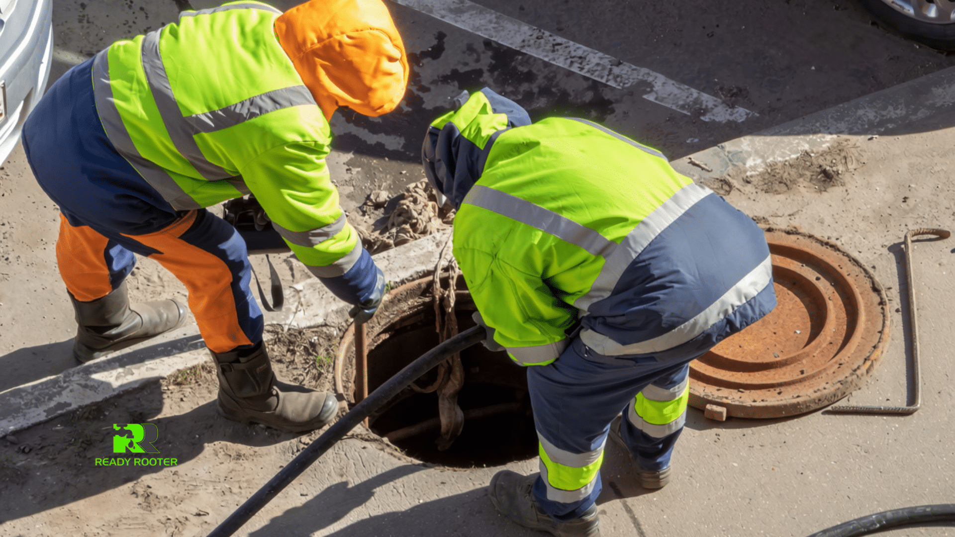 Sewer camera inspection crew in high-visibility gear opening a manhole to inspect an underground sewer line